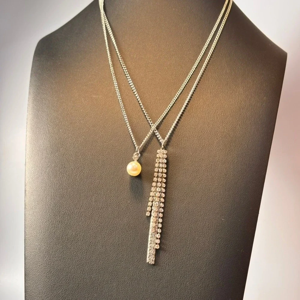 Vintage Necklace Set Silver Pearl Rhinestone Fringe Tassel Y2K Boho Statement